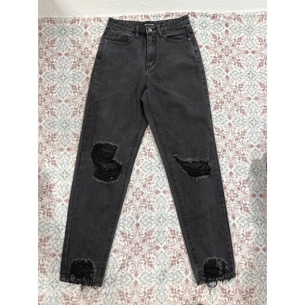 PrettyLittleThing Washed Black Distressed Mom Jeans High Rise Size UK 10 EU 38
